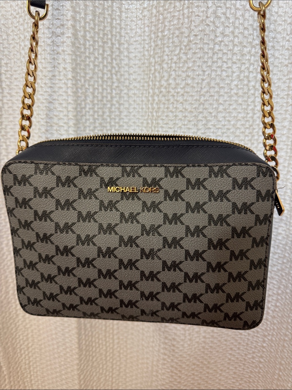 Michael Kors Brown MK Monogram Crossbody with Navy blue and Gold chain